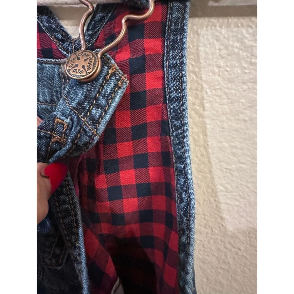 VINTAGE OshKosh B'Gosh Denim Overalls Red Plaid Lined Ruffle Trimmed Pockets